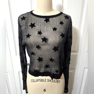 Hippie Love Long Sleeve Sheer Top With Stars Design, Size Large, EUC